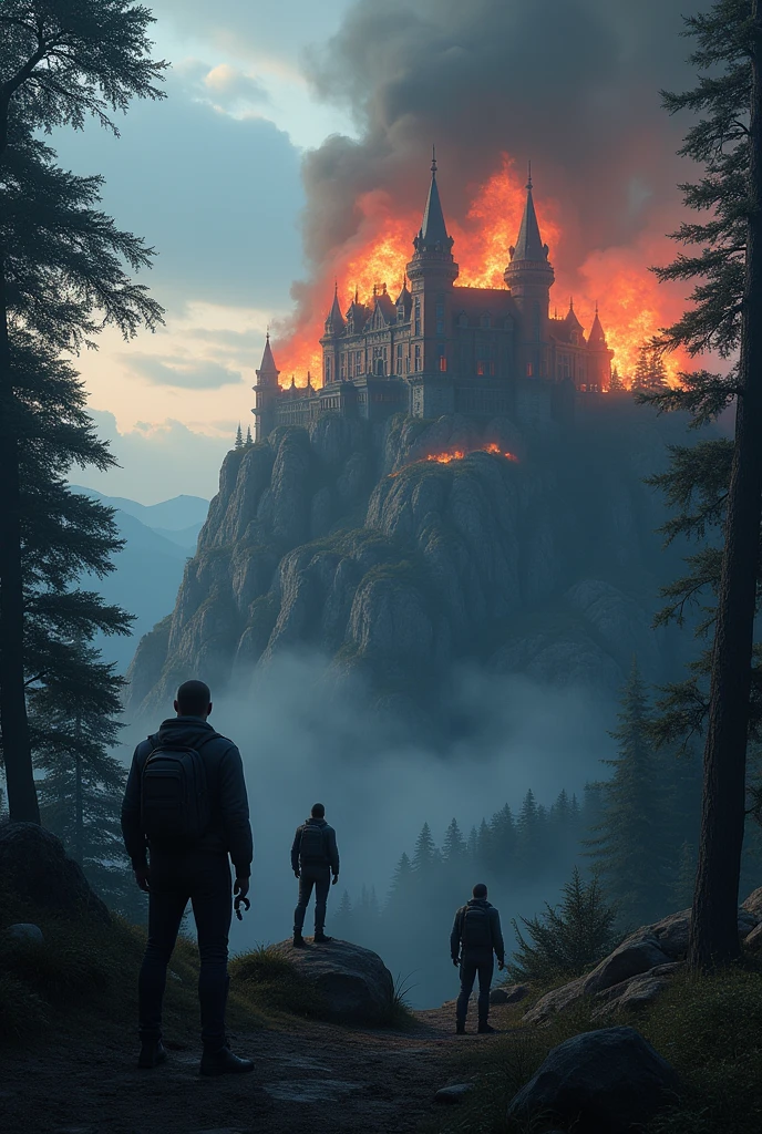 The image of a huge mansion is seen in the distance in the background, a slightly dark blue sky, the mansion is in the forest, on top of a mountain. It's on fire, the whole place is under fire, digital drawing of video game characters, digital realism