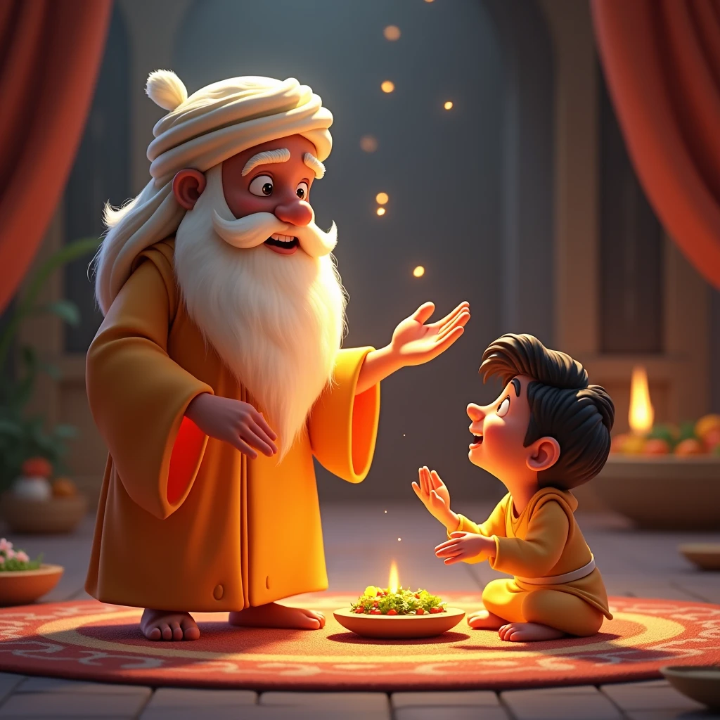 In cinematic 3D cartoon style "Depict a subtle, divine light or aura around Kabir Sahib as he invites Sehu to eat, symbolizing his divine perception and benevolence. Sehu should be shown coming back to life and sitting down to eat, with a look of gratitude and amazement"