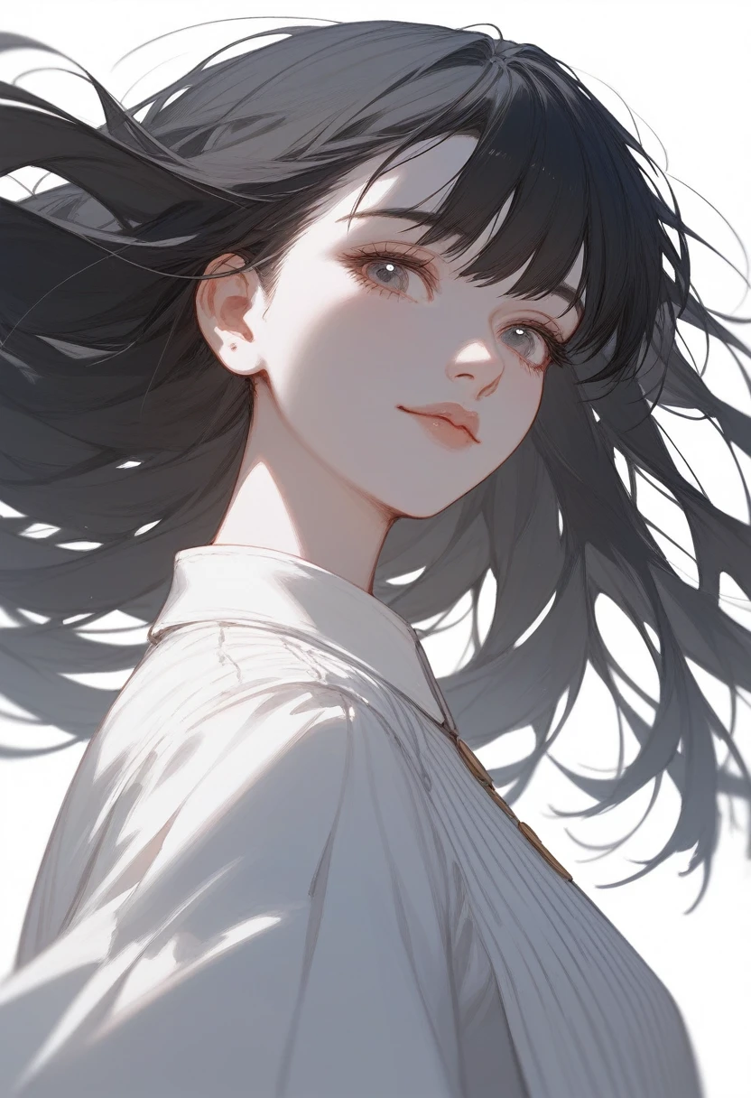 (Fraction_9, Fraction_8_Direction_7_up), 1 Girl, Solitary, , portrait,Beautiful woman, Black long hair, White skin,Reticent,Girl,Gentle,Poker face,perfect,Long skirt,The strong wind blew up the skirt and hair, Expressive skills, permanent, Keep your arms at your sides, upper body, below view, Looking at the audience, White background, Simple background,Upper Body,thigh