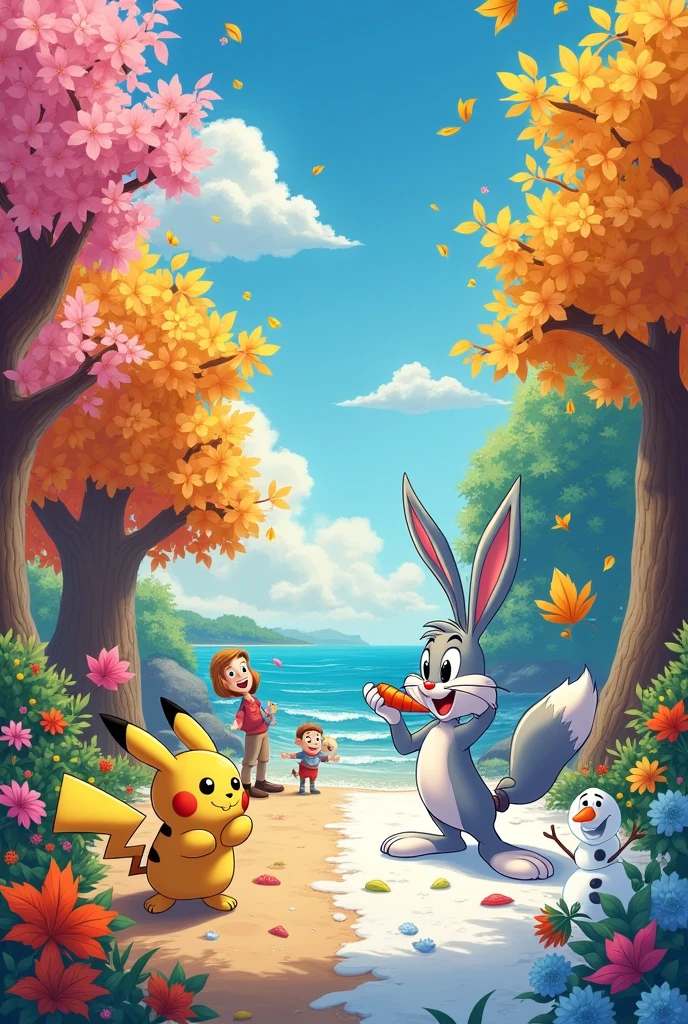 Write the names of 4seasons along with cartoons characters