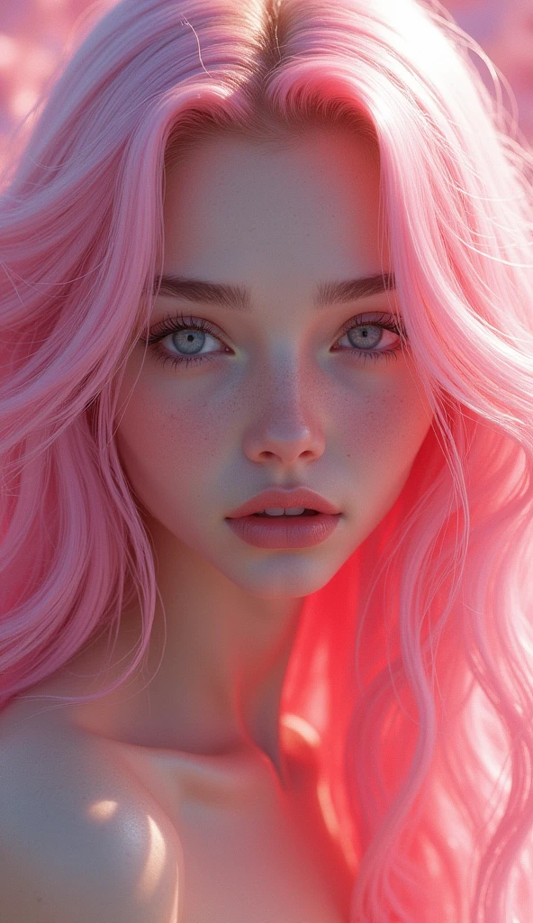 (highres, realistic, vivid colors),pink hair, long, detailed strands, flowing, ethereal, soft waves, shiny, vibrant, pastel pink, luscious, beautiful girl, mesmerizing, gracefully flowing locks.