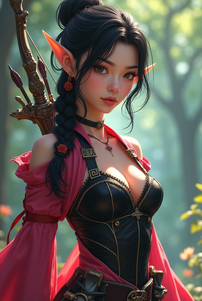 A 20 year old Japanese girl, dressed as an archer, with elf ears, ((bright coloured)) sexy outfit, com roupa preta, and braided hair, with sexy black short outfit,