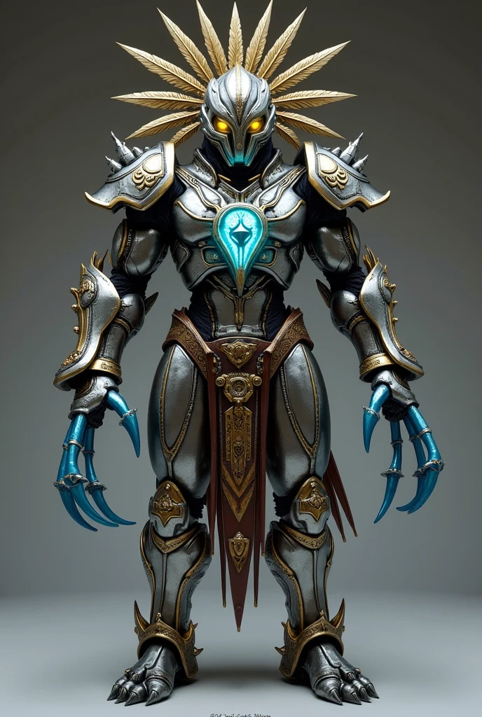 General appearance: "Titanium Shaman" is a stand that combines metallic elements with an indigenous aesthetic, reflecting Carlão&#39;s strength and wisdom. It features a robust and detailed design that displays both a technological aura and traditional elements..head: The head of "Titanium Shaman" is adorned with a metal helmet with details reminiscent of indigenous ornaments. The helmet has an aged metal texture and is adorned with metallic feathers and a visor that glows in a golden hue.. The stand&#39;s eyes are represented by gems that emit a soft blue light., giving an air of mysticism.Arms and hands: The arms of "Titanium Shaman" are covered with metal plates engraved with tribal patterns. These plates have a robust yet elegant appearance., matching metal bracelets that shine in various shades. The hands have long, thin fingers with retractable claws made of a sky blue metal.. These claws can be extended to manipulate objects or strike with precision..torso: The torso is a combination of metal armor and tribal decoration.. The armor has a silver finish with bronze and blue accents.. In the center of his chest, there is an emblem that looks like a tribal totem, illuminated by a pulsating light that reflects magnetic energy. This emblem not only symbolizes the strength of the stand, but also serves as a focal point for your magnetic abilities.legs and feet: The legs of "Titanium Shaman" are muscular and covered in metal plates that adjust to allow agility. Each leg has decorative elements inspired by indigenous motifs, such as stripes and details in geometric patterns. The feet are robust, with soles that have integrated magnets to adhere to metal surfaces and allow the stand to walk or stabilize on different surfaces. The upper part of the feet is decorated with metallic details in the form of claws..Additional Detail:Metallic and Indigenous Appearance: The stand combines metallic textures with symbols