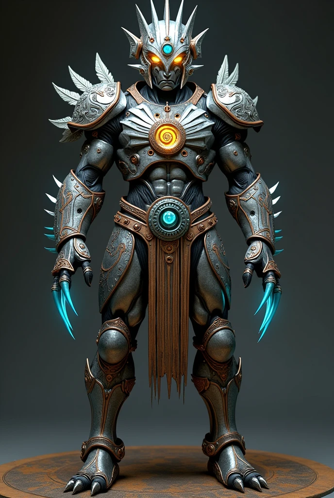 General appearance: "Titanium Shaman" is a stand that combines metallic elements with an indigenous aesthetic, reflecting Carlão's strength and wisdom. It features a robust and detailed design that displays both a technological aura and traditional elements..head: The head of "Titanium Shaman" is adorned with a metal helmet with details reminiscent of indigenous ornaments. The helmet has an aged metal texture and is adorned with metallic feathers and a visor that glows in a golden hue.. The stand's eyes are represented by gems that emit a soft blue light., giving an air of mysticism.Arms and hands: The arms of "Titanium Shaman" are covered with metal plates engraved with tribal patterns. These plates have a robust yet elegant appearance., matching metal bracelets that shine in various shades. The hands have long, thin fingers with retractable claws made of a sky blue metal.. These claws can be extended to manipulate objects or strike with precision..torso: The torso is a combination of metal armor and tribal decoration.. The armor has a silver finish with bronze and blue accents.. In the center of his chest, there is an emblem that looks like a tribal totem, illuminated by a pulsating light that reflects magnetic energy. This emblem not only symbolizes the strength of the stand, but also serves as a focal point for your magnetic abilities.legs and feet: The legs of "Titanium Shaman" are muscular and covered in metal plates that adjust to allow agility. Each leg has decorative elements inspired by indigenous motifs, such as stripes and details in geometric patterns. The feet are robust, with soles that have integrated magnets to adhere to metal surfaces and allow the stand to walk or stabilize on different surfaces. The upper part of the feet is decorated with metallic details in the form of claws..Additional Detail:Metallic and Indigenous Appearance: The stand combines metallic textures with symbols