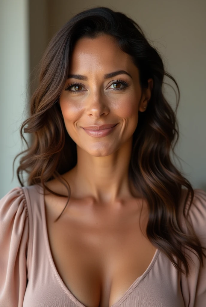curvy woman 50 years old brown hair mulatto realistic photo