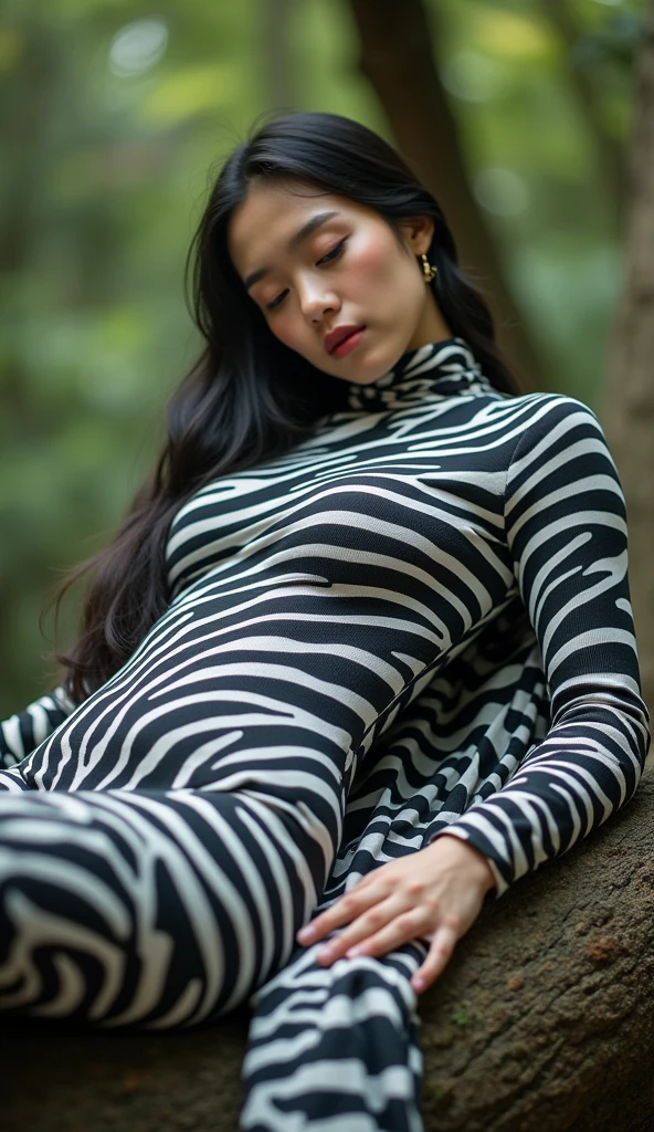 The beautiful,thin and clever asian muslimah adult girl with beautiful cheeks wears plains zebra print lycra turtleneck unitard catsuit covered with stripes and plains zebra print lycra elastane stretchy dancewear shawl hijab covered with stripes.She is tired when she sleeps on the tree.