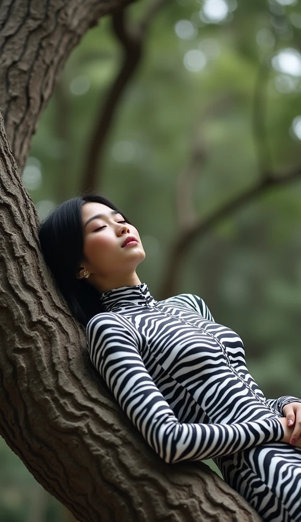 The beautiful,thin and clever asian muslimah adult girl with beautiful cheeks wears plains zebra print lycra turtleneck unitard catsuit covered with stripes and plains zebra print lycra elastane stretchy dancewear shawl hijab covered with stripes.She is tired when she sleeps on the tree.