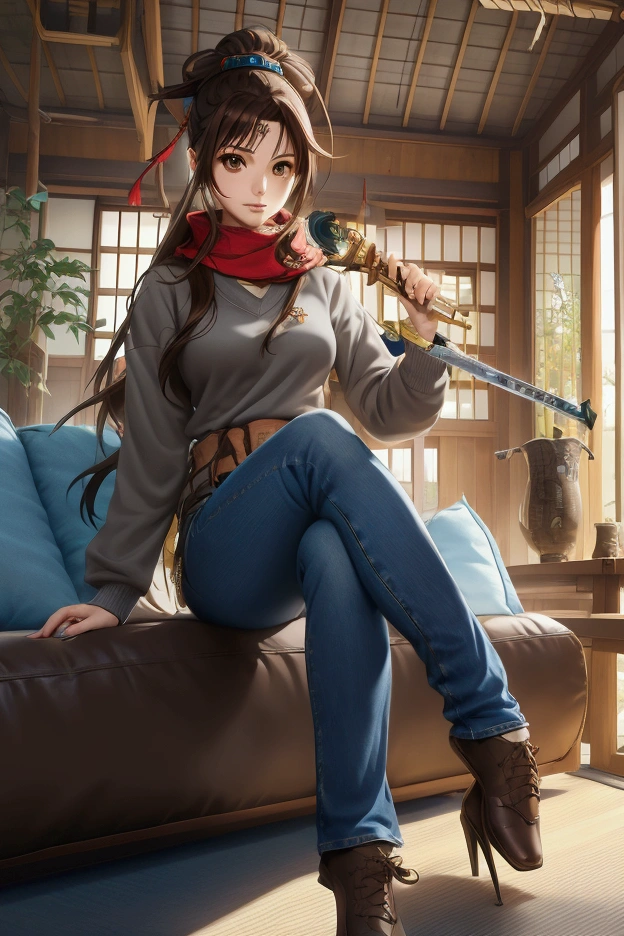 bell, Japanese cartoons, Brown hair, Medium breasts, Brown eyes, A faint smile, jeans, scarf, Grey sweatshirt, Blue pants, sit, Cross-legged, Inside the smart home, sit on the couch, Asada Shino's face, Japanese cartoons Sword Art Online, best quality