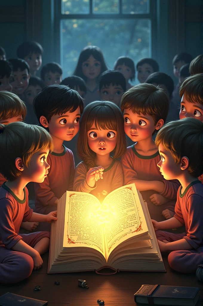 25 children
a big book with emerging light
and behind them 25 children
13 boys 12 girls
sitting girl boy girl boy all of them
looking at book in awe
book should look magical