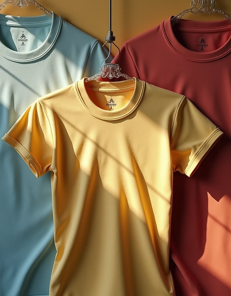 a vintage t-shirt collection, nostalgic gallery setting, blank text or logo, isolated background, high detail, photorealistic, soft lighting, warm tones, retro aesthetic, 1950s, 1960s, faded colors, worn textures, minimal design, flat lay, arranged composition, natural shadows, dramatic lighting, museum display, curated presentation
