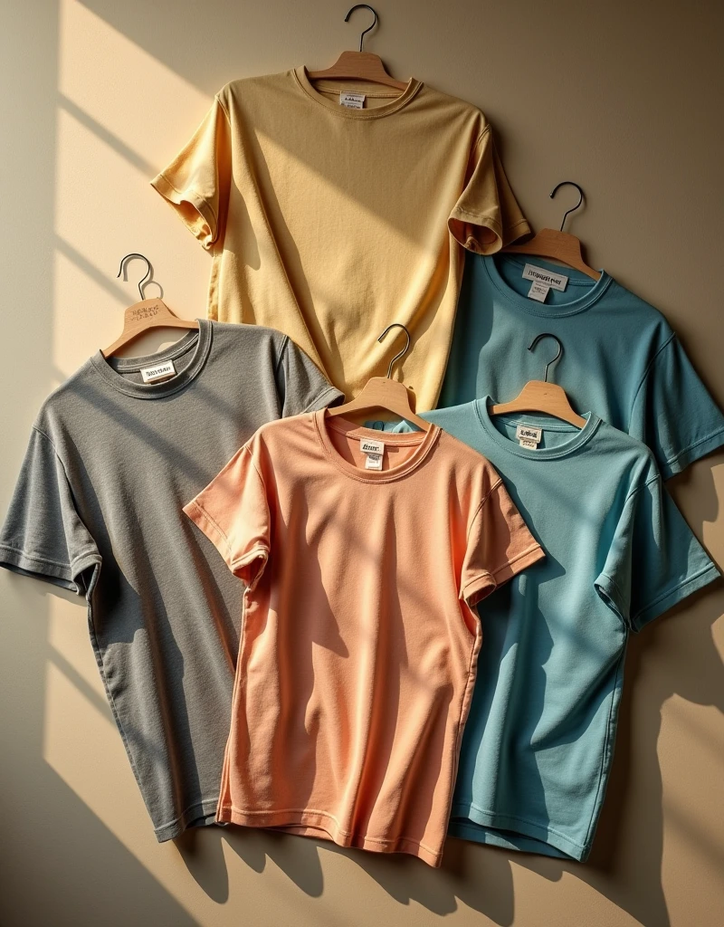 a vintage t-shirt collection, nostalgic gallery setting, blank text or logo, isolated background, high detail, photorealistic, soft lighting, warm tones, retro aesthetic, 1950s, 1960s, faded colors, worn textures, minimal design, flat lay, arranged composition, natural shadows, dramatic lighting, museum display, curated presentation