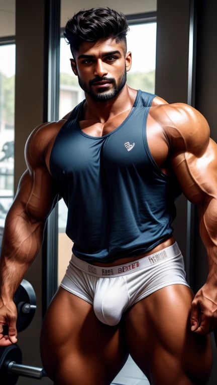 Handsome 40 years old ZAIN KHAN Indian beared GURJAR man in loose gym tank and underwear, huge bulge, head to thigh, from front view, realistic, hd, hdr, detailed pictures, originality, head to thighs 