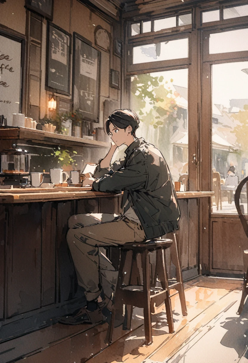 masterpiece,最high quality,Very detailed,High resolution backgrounds,8k,there is nothing,high quality,break,japanese manga style, sketch, Watercolor Colors,Cafe with a nice atmosphere,antique interior,Stylish interior,male,slowly,relax,coffee,