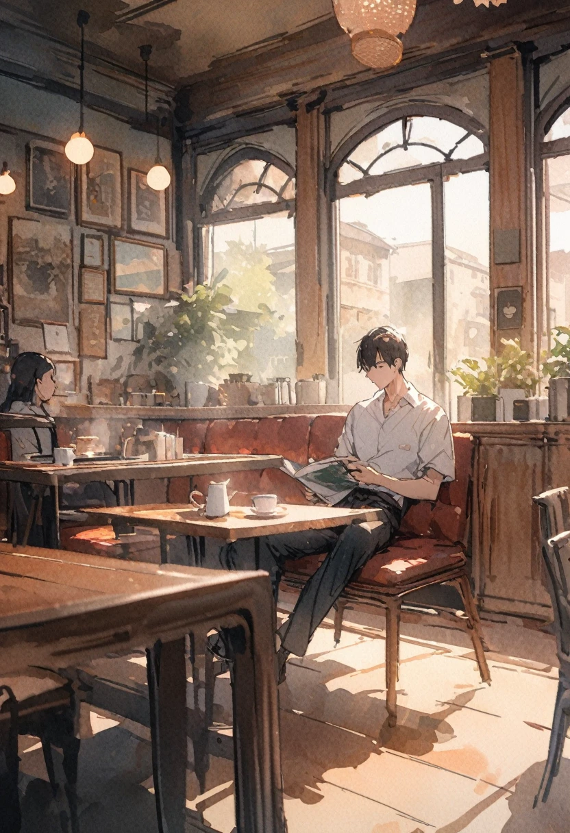 masterpiece,最high quality,Very detailed,High resolution backgrounds,8k,there is nothing,high quality,break,japanese manga style, sketch, Watercolor Colors,Cafe with a nice atmosphere,antique interior,Stylish interior,male,slowly,relax,coffee,