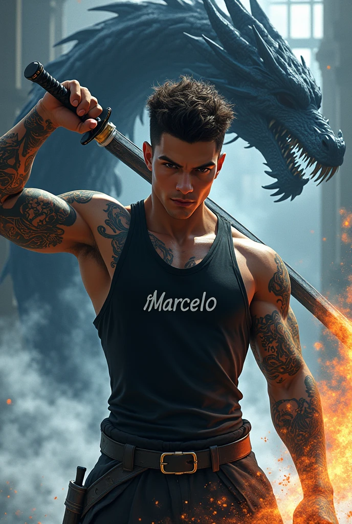 Young man with dark skin and defined brown hair wearing a tight black American tank top with tattoos all over his body , with the name Marcelo on the chest , holding a magical black legendary katana , a black magic dragon at his rear , and a burst of water magic and flames around