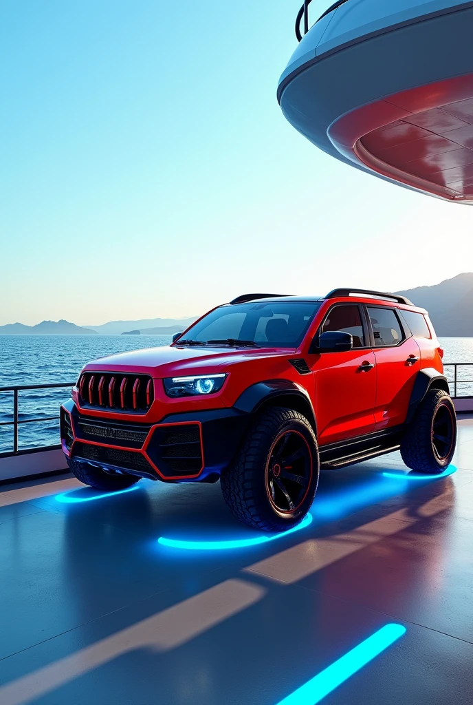 Mahindra scorpio 
in sports body in red colour with blue neon lights on a yatch