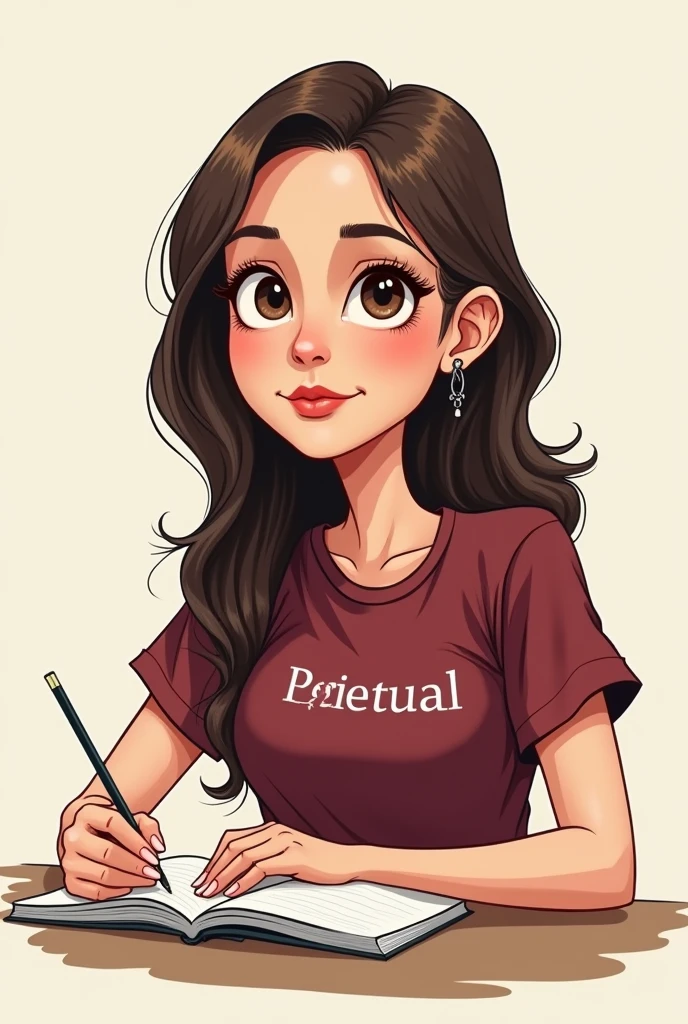  caricature drawing of a young woman student who is studying hard, responsible, obedient, respectful, faithful to God, always praying. wearing a maroon t-shirt with a title of perpetual in it.