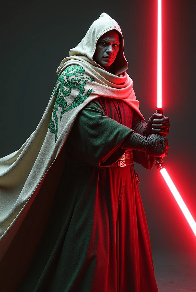 The country welsh as a Sith Lord from Star Wars, Dragon on Cape, angular gray face, Cape colors white, green and red, red lightsaber, agressive, frightening, ultra-realistic