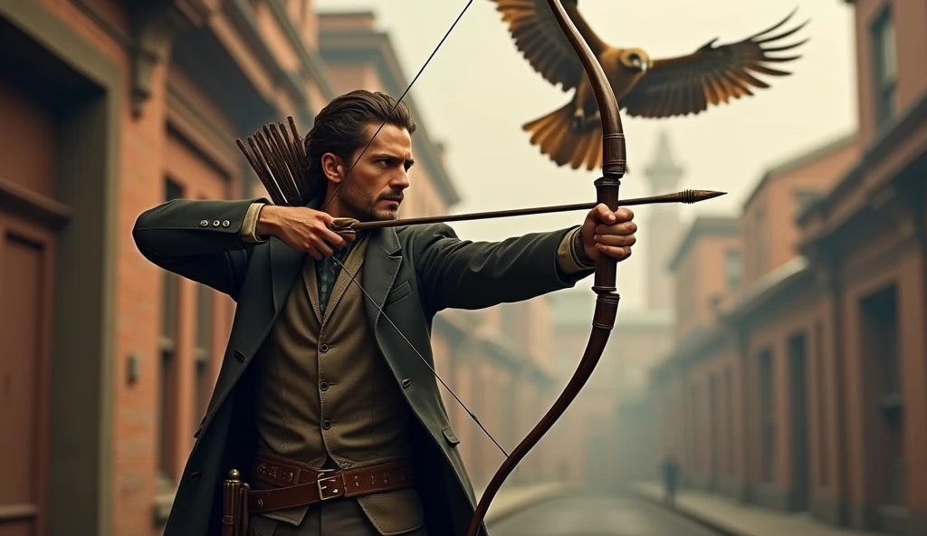 1850's Marvel Avengers character, hawkeye , vintage hawkeye dress, hawkeye shooting arrow, realistic, realistic character, vintage, vintage character, vintage background, male, hawks in background, highly detailed, extremely detailed, 8k, masterpiece, ultra-detailed, photorealistic, hdr, studio lighting, physically-based rendering, extreme detail description, vivid colors, dramatic lighting, cinematic, epic