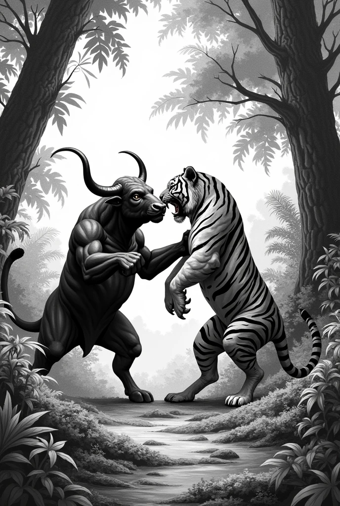 stippling white and black image of javanese bull fighting with tiger in forest