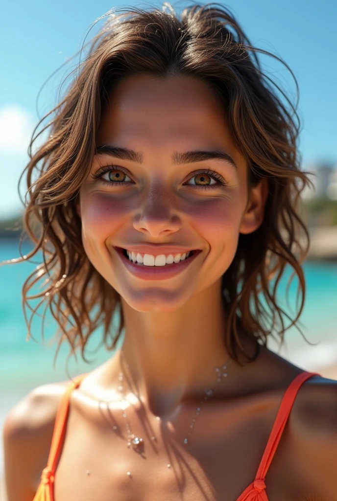 A very realistic close-up of the face of a young brunette woman in her twenties, standing on a sunny beach in the south of France. Her shoulder-length, slightly wavy hair is wet from the seawater and sticks slightly to her face, with a few strands blown by the sea breeze. His skin has a light golden tan, and a few droplets of salt water sparkle on his forehead and cheeks. His brown eyes are luminous, reflecting the bright sunlight, and express a quiet joy. She smiles softly, revealing her straight white teeth, and her lips are a natural pink, slightly shiny from the humidity. Around her neck, we can see the thin straps of a brightly colored swimsuit, contrasting with her tanned complexion. In the background, blurry but recognizable, we see the crystal blue of the Mediterranean Sea, the cloudless sky, and a few sailboats on the horizon, creating a summery and relaxing atmosphere.