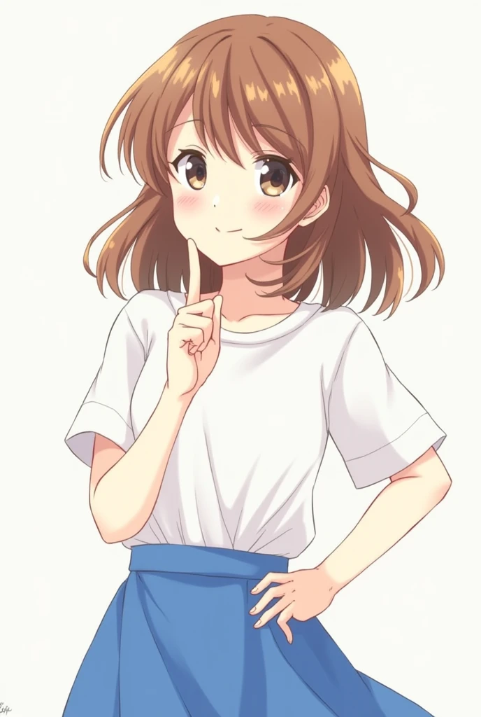 anime girl with brown hair and a white shirt and blue skirt, (hair swept bangs:1.3), (long brown hair:1.3), (Rinotuna artstyle:1.3), marin kitagawa fanart, with index finger, shirabii, wataru kajika, misato katsuragi, nishimiya shouko, hinata hyuga, zerochan art, pretty anime character design, render of april