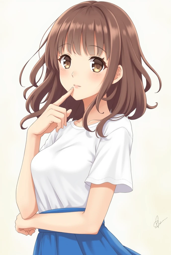 anime girl with brown hair and a white shirt and blue skirt, (hair swept bangs:1.3), (long brown hair:1.3), (Rinotuna artstyle:1.3), marin kitagawa fanart, with index finger, shirabii, wataru kajika, misato katsuragi, nishimiya shouko, hinata hyuga, zerochan art, pretty anime character design, render of april