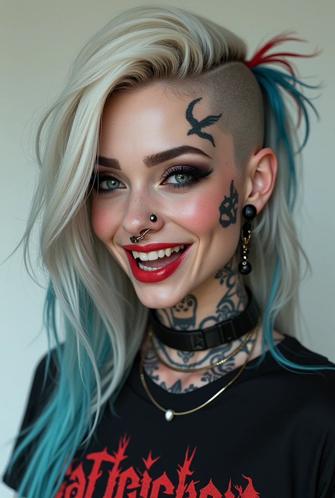 
Ultra realistic digital portrait of a punk-styled female character with long platinum-blonde hair, featuring dark roots and blue streaks. She has a shaved undercut on one side and wears multiple facial piercings, including a septum ring, snake bites, and large black plugs in her stretched earlobes. The character also has intricate face tattoos and bold eye makeup. Her expression is joyful, revealing sharp vampire-like fangs in a wide smile. She wears a black gothic band t-shirt