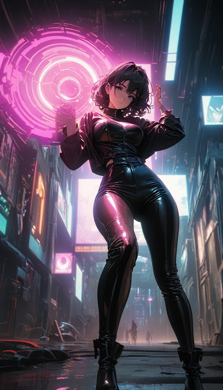cyberpunk style,30-year-old mature and charming woman,Leather jumpsuit and leather pants cover the whole body,High-heeled leather boots,Fight with a laser sword,Beautiful,Glowing special effects,celluloid style,Flat coating,HD,CG art,comics,8K,looking into camera,high quality,illustration,Vaporwave style,rim light,movie lighting,Super detailed,complex,OC renderer,cinematic perspective,high resolution