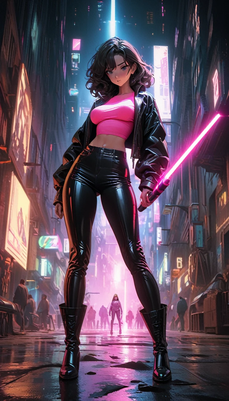 cyberpunk style,30-year-old mature and charming woman,Leather jumpsuit and leather pants cover the whole body,High-heeled leather boots,Fight with a laser sword,Beautiful,Glowing special effects,celluloid style,Flat coating,HD,CG art,comics,8K,looking into camera,high quality,illustration,Vaporwave style,rim light,movie lighting,Super detailed,complex,OC renderer,cinematic perspective,high resolution