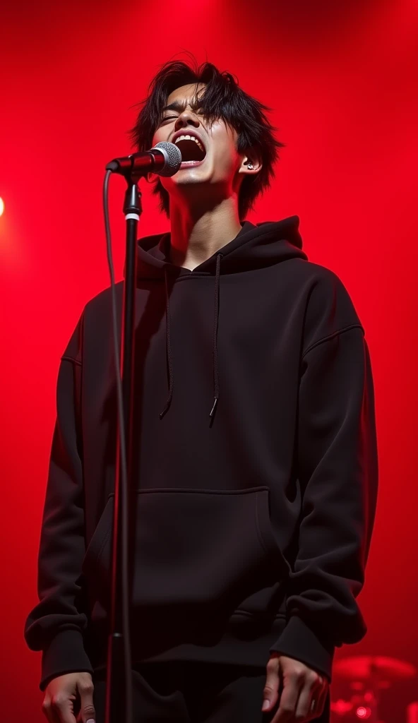20 year old Japanese male teenager with black hair and wearing a black hoodie is playing screaming in front of a microphone ,HD,4k,realistic,afternoon,Full Body Angle, Red background, face looking at the camera with an angry expression and shouting