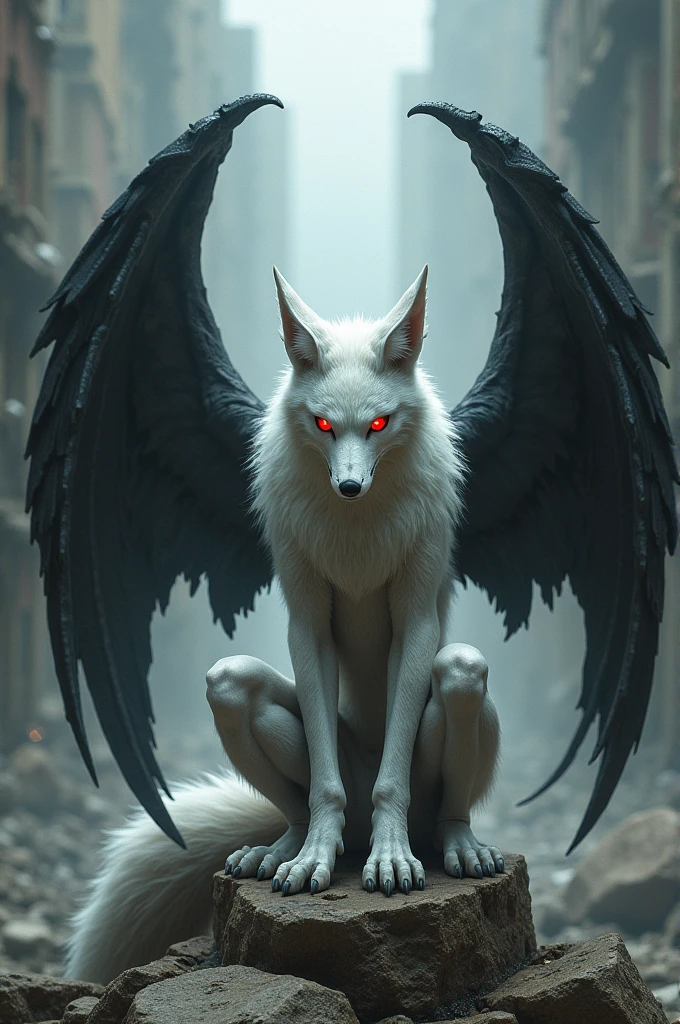 A beastman, a white fox with red eyes, sits on a stone, against the background of a ruined city, with a lowered face, he has big black wings behind his back, a dark aura hovers around him