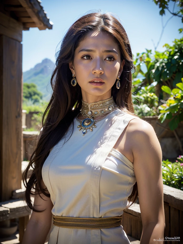 Photo, 8k portrait of a beautiful Mayan woman , brownish skin ,with brown hair, translucent white dress,Photografía digital intrincada, elegant, very detailed, majestic, arte de artgerm y ruan jia y greg rutkowski pintura surrealist obra maestra, side lighting, beautiful finely detailed eyes: 1.2, HdR, realist, High Definition