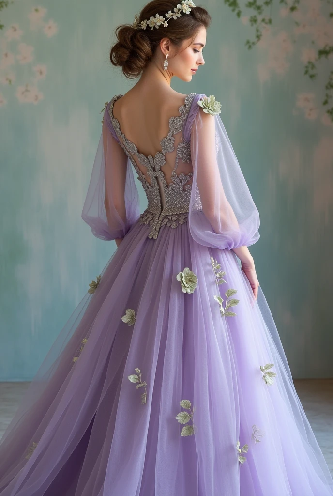 A dusty purple tulle wedding dress with glitter and sage green accents like flowers and leaves with long tulle sleeves that are slightly poofy