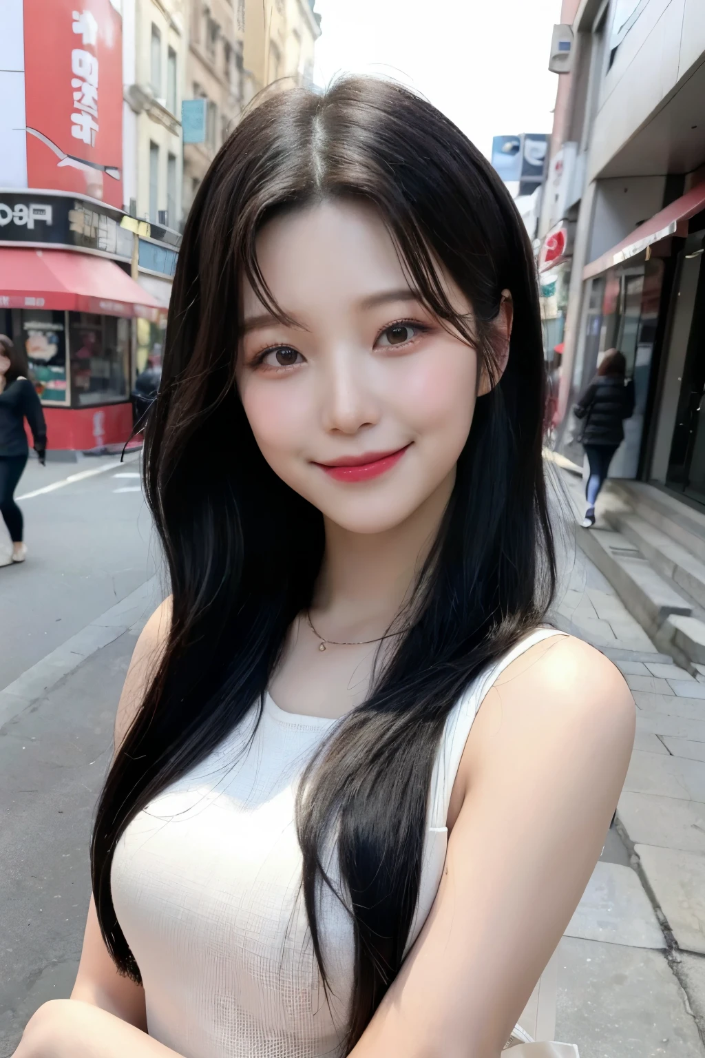 ((top-quality、8k、masterpies:1.3、in the street background、OL、k-pop outfit))、1girl in、Slim Beauty:1.3、Super Detail Face、Delicat eyes、double eyelid、facial expression of smile、full body Esbian、Brown hair、Suntan-Skin、20yr old、black hair、erotick、 Look、stare, Jiheon, Korean girl, sweet girl, elegant poses, (smiling, close mouth) 