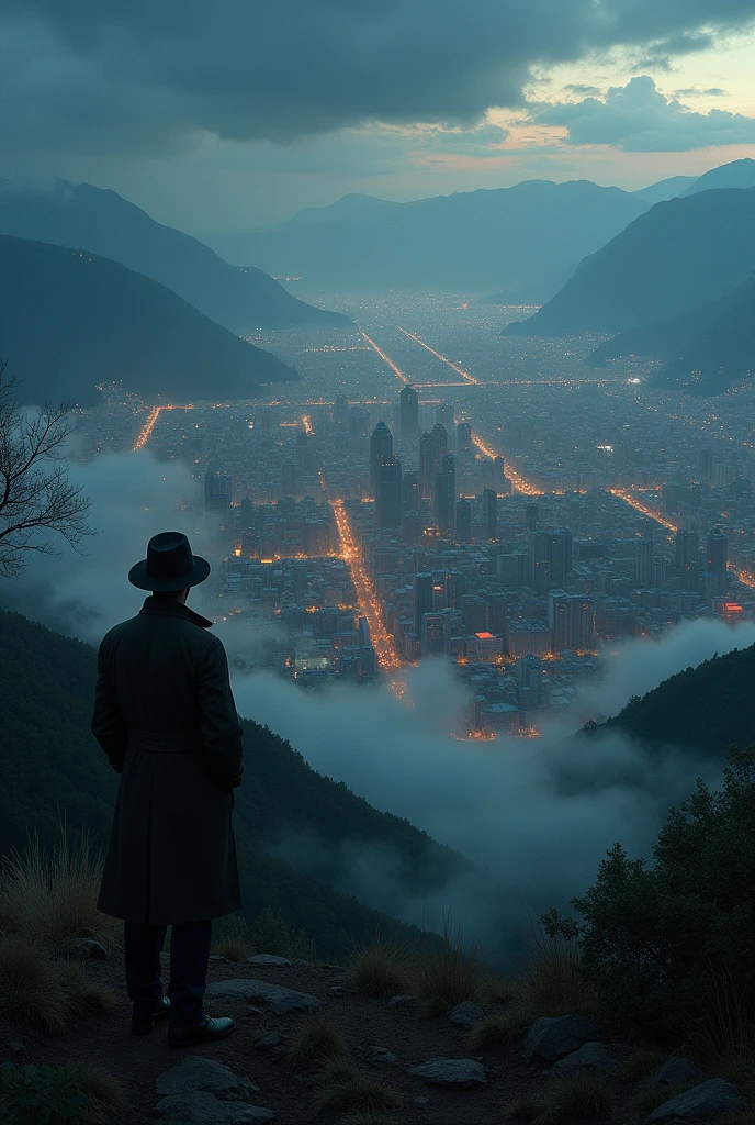 Make a large valley city where a detective is looking from a road of the hill. 