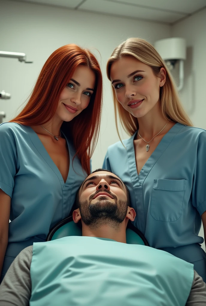 ultra realistic, photography, Point of view of me, I am guy and I am laying in a dental chair, there are two women in front of me: the left one one with long straight red hair, (30 years old, hourglass figure, perfect body, natural medium breasts), the right one: with long blonde hair, (blue eyes, cat-eye make-up, lucious round lips, 30 years old, gorgeous face, voluptuous figure, perfect fit body, big enhanced breasts), they both have perfect round cleavage, they are standing at the dentists room next to the dental chair, they are dressed as dentist nurses, the two girls are bending down to me to expose their cleavage and they are smiling