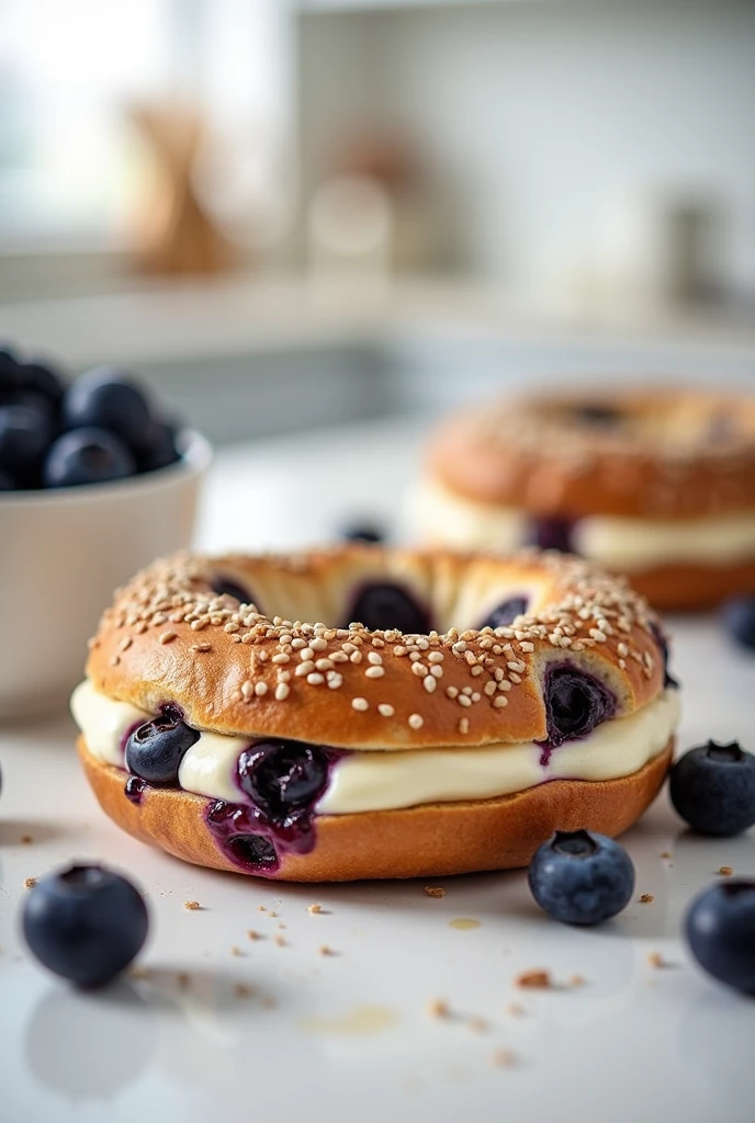 Blueberry bagel whit vanilla cream,casual minimal kitchen in the background,photografic,realistc, very realistic,yummy,2 pieces