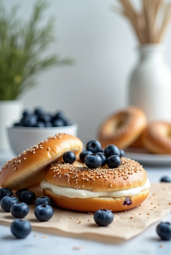 Blueberry bagel whit vanilla cream,casual minimal kitchen in the background,photografic,realistc, very realistic,yummy,2 pieces