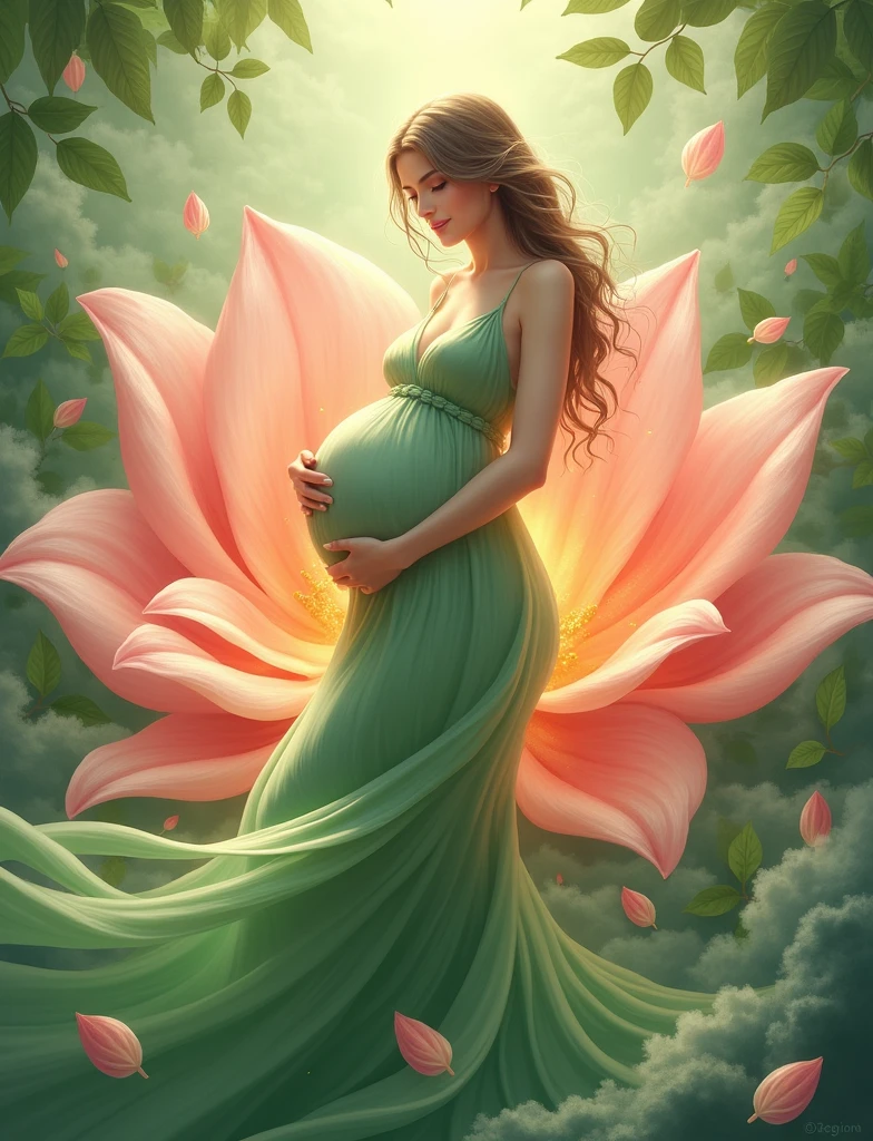 pregnant woman in green dress standing in a large flower, digital art inspired by Igor Kieryluk, trending on cg society, digital art, maternal photography 4 k, perky woman made of petals, pregnant belly, stunning elegant pose, flower goddess, lady with glowing flowers green dress, maternity feeling, red dressed in a flower dress, photo manipulation, beautiful and graceful, pregnant, leaf green flowing in air, some cloudy effect in ground , green dress 