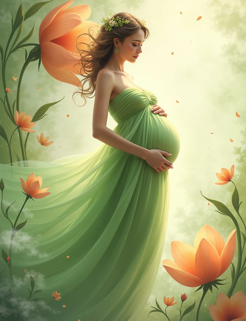 pregnant woman in green dress standing in a large flower, digital art inspired by Igor Kieryluk, trending on cg society, digital art, maternal photography 4 k, perky woman made of petals, pregnant belly, stunning elegant pose, flower goddess, lady with glowing flowers green dress, maternity feeling, red dressed in a flower dress, photo manipulation, beautiful and graceful, pregnant, leaf green flowing in air, some cloudy effect in ground , green dress