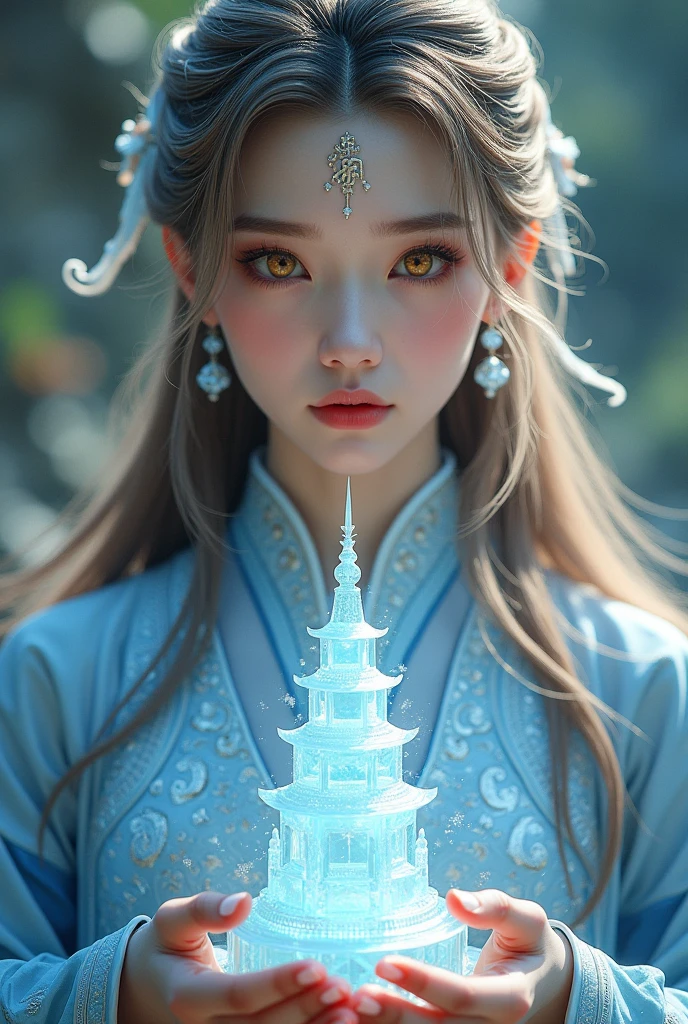 Most beautiful  xianxia female protagonist,girl,light brown dominant and silver strand long hair ,golden amber eyes,use majestic garmen with blue fillamen,silver pattern clothes,face detailed,lips detailed,thin red lips,golden rune scratch at fore head, and held 9 floor glasses pagoda ,9 floor glasses pagoda super detailed,forehead detailed,better quality, masterpiece,24K ultra hd,super beautiful detail,goddess featuring