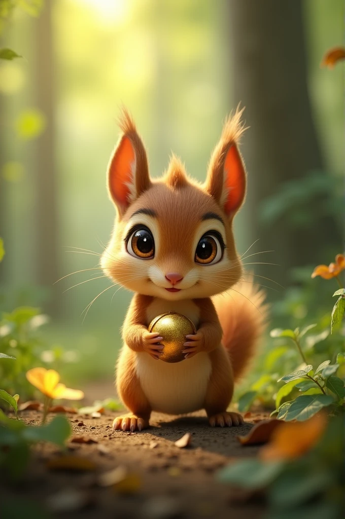 The curious squirrel Sammy gently picking up the golden acorn, his eyes wide with wonder as he begins to take it home