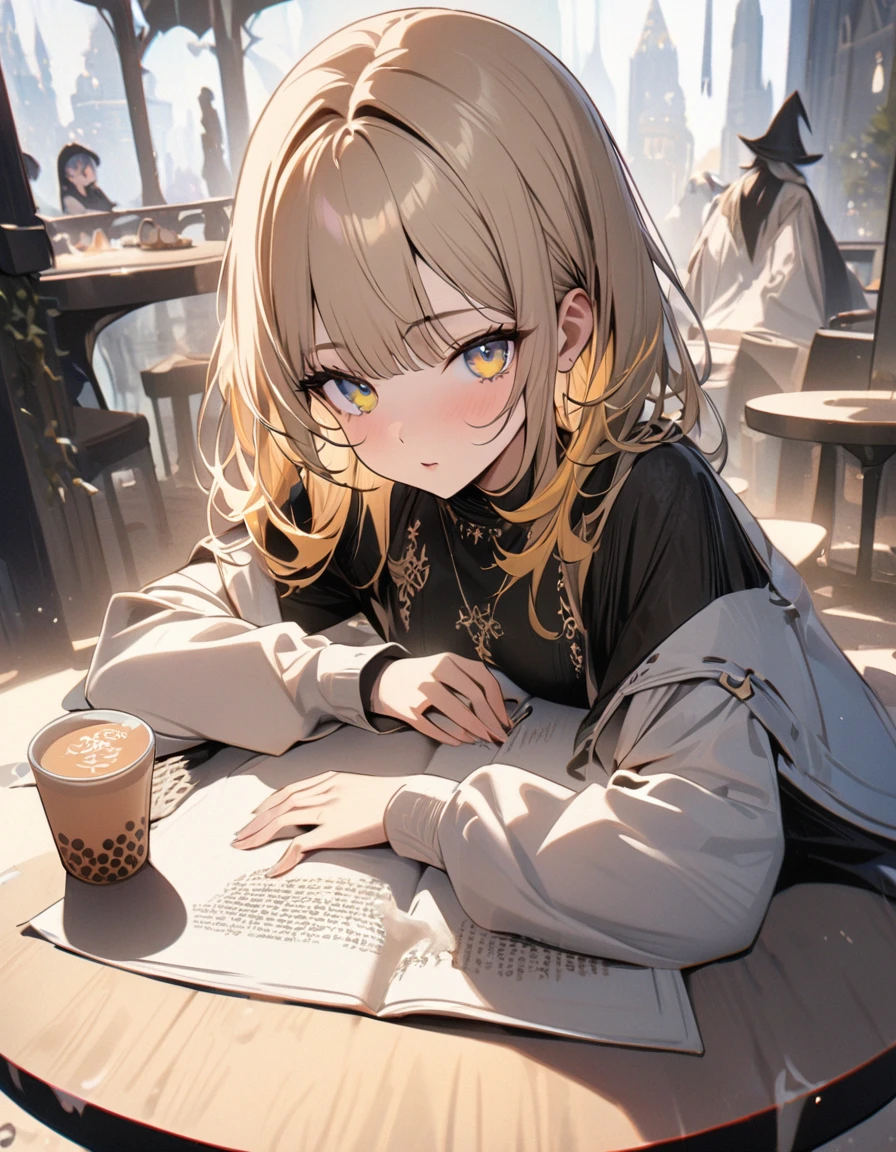 (masterpiece), (Highest quality), (Very detailed), (1 person), (Fashionable clothes), Fine and beautiful eyes, Delicate and beautiful face, floating,(High color saturation), Milk tea color hair, The bangs are evenly spaced, ,,Wizard,The ice cream is placed on a round table,Best writing, Best Shadow,