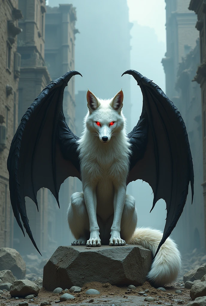 A beastman, a white fox with red eyes, sits on a stone, against the background of a ruined city, with a lowered face, he has big black wings behind his back, a dark aura hovers around him