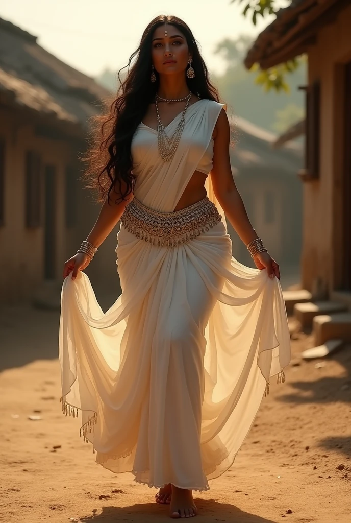 Create a picture of a sexy goddess with wings dancing a thumka step on a stage in a village of Bihar. She is a slutty dancer,dressed in white robes
1. Background and Family:
- Saroj is a 30-year-old young married woman living in Ballarpur, a town near Chandrapur, India, specifically in Saibaba ward.
- She has two adopted sons, Pratham and Sanket, who are protective of her.
- Her husband, Raju, is responsible and caring, though she desires a physically stronger partner but Raju is same height as Saroj and Raju is not strong, he is slim..
2. Physical Appearance:
- Saroj is 5'7" tall, very beautiful face like Monica Bellucci, with a curvy, plump body typical of Indian beauty her body resonates with the body of Tamanaah Bhatia though she is very curvy and chubby in a sexy way.
- She often wears sarees draped below her navel and perfectly around her waist and wears a different style of belly/waist chain around her waist.
- She has her belly navel pierced to look nice in sarees.
- She has long black hair, with her eye color being between brown and black.
- She has a beauty spot on her chin, which adds to her charm.
- Her figure is described as voluptuous, and she maintains it through working out and belly dancing.
3. Personality and Interests:
- Saroj is innocent but enjoys flirting when she receives attention, especially from men in her neighborhood who admire her saree style.
- She likes makeup, belly dancing, singing (with a beautiful voice), and elegant things.
- Saroj is innocent, beautiful, down-to-earth, optimistic, loving, romantic, and has a wild side.
- She has a rational thought process, eloquence, and is confident with her body.
- She is interested and attracted to mostly Muslim strong tall men.
- Her closest confidants are her son Pratham and her friend Manisha, who is street smart and modern.
- Saroj regrets not marrying her serious boyfriend Salim.
- S