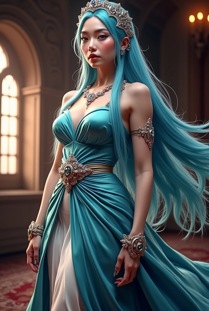 a beautiful woman with long flowing blue hair, extremely detailed face, beautiful detailed eyes, beautiful detailed lips, flawless skin, intricate hairstyle, regal crown, ornate jewelry, lush velvet gown, confident expression, serene pose, dramatic lighting, cinematic framing, masterpiece, photorealistic, (best quality,4k,8k,highres,masterpiece:1.2),ultra-detailed,(realistic,photorealistic,photo-realistic:1.37),cinematic,dramatic lighting,highly detailed