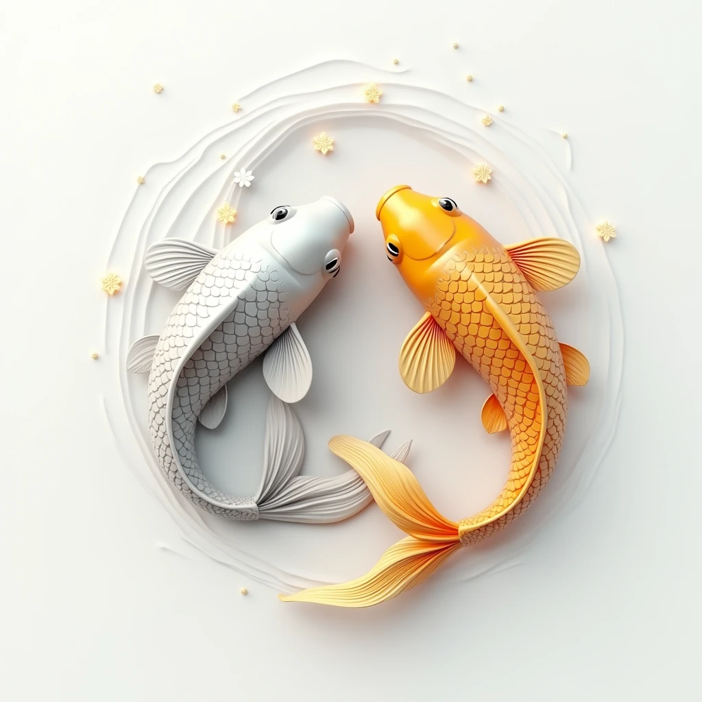3D illustration of silver koi and gold koi swimming together, white background.Masterpiece, best quality, Twinkling light,abstract art, 
