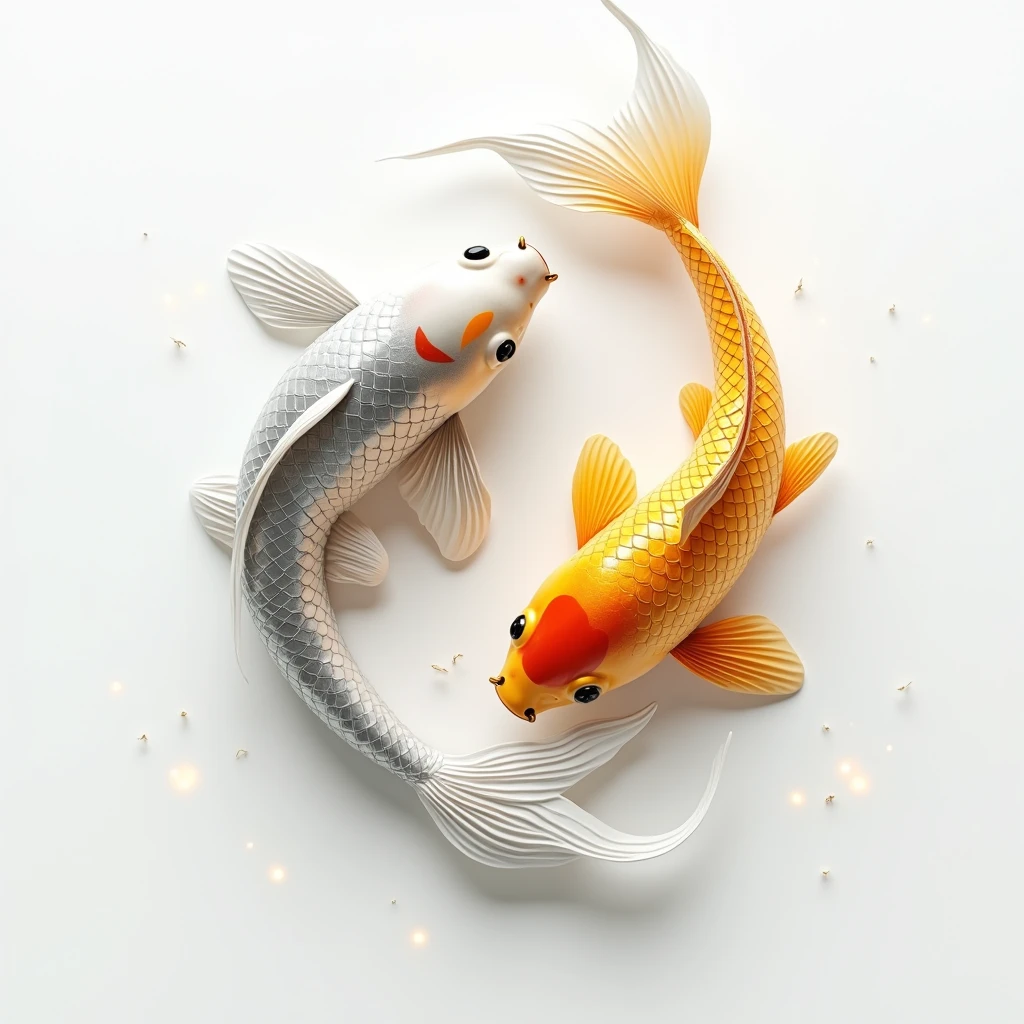 3D illustration of silver koi and gold koi swimming together, white background.Masterpiece, best quality, Twinkling light,abstract art, 
