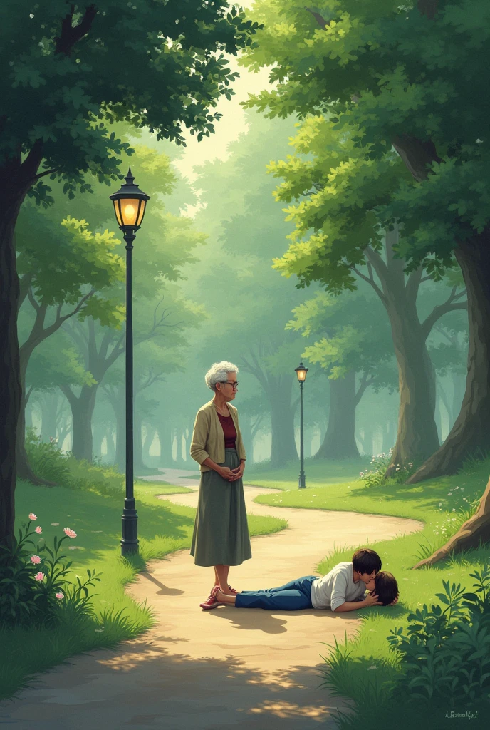 In one, an elderly woman is walking in the park, next to a young woman is lying with her head at the feet of a young man